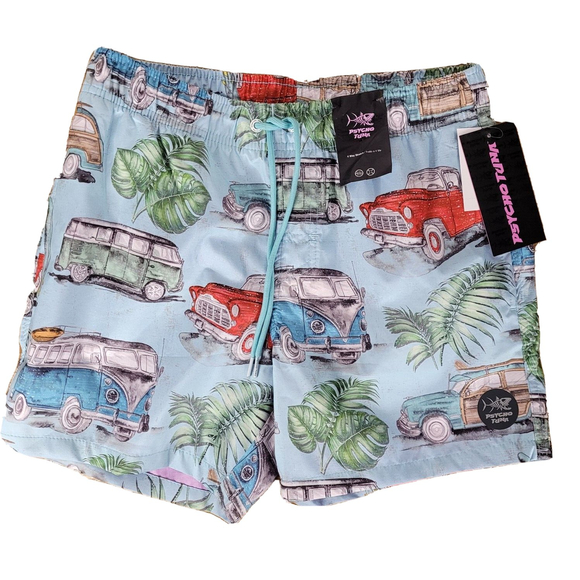 Mens Board Shorts Fair Aqua Vintage Cars Woodie Volkswagen Bus Size S - Picture 1 of 6